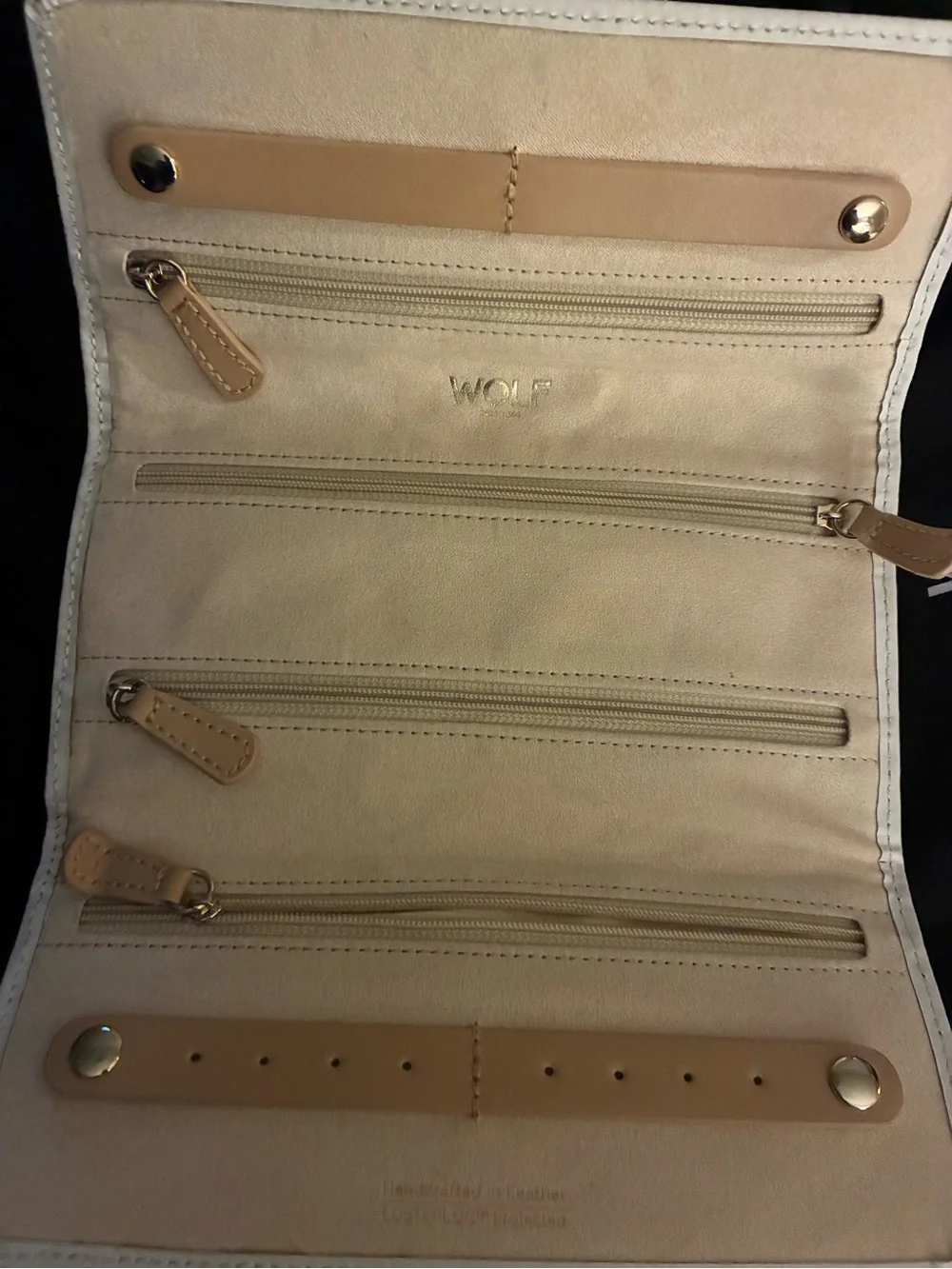 WOLF White and Tan Laser-Cut Leather Jewelry Clutch Wallet